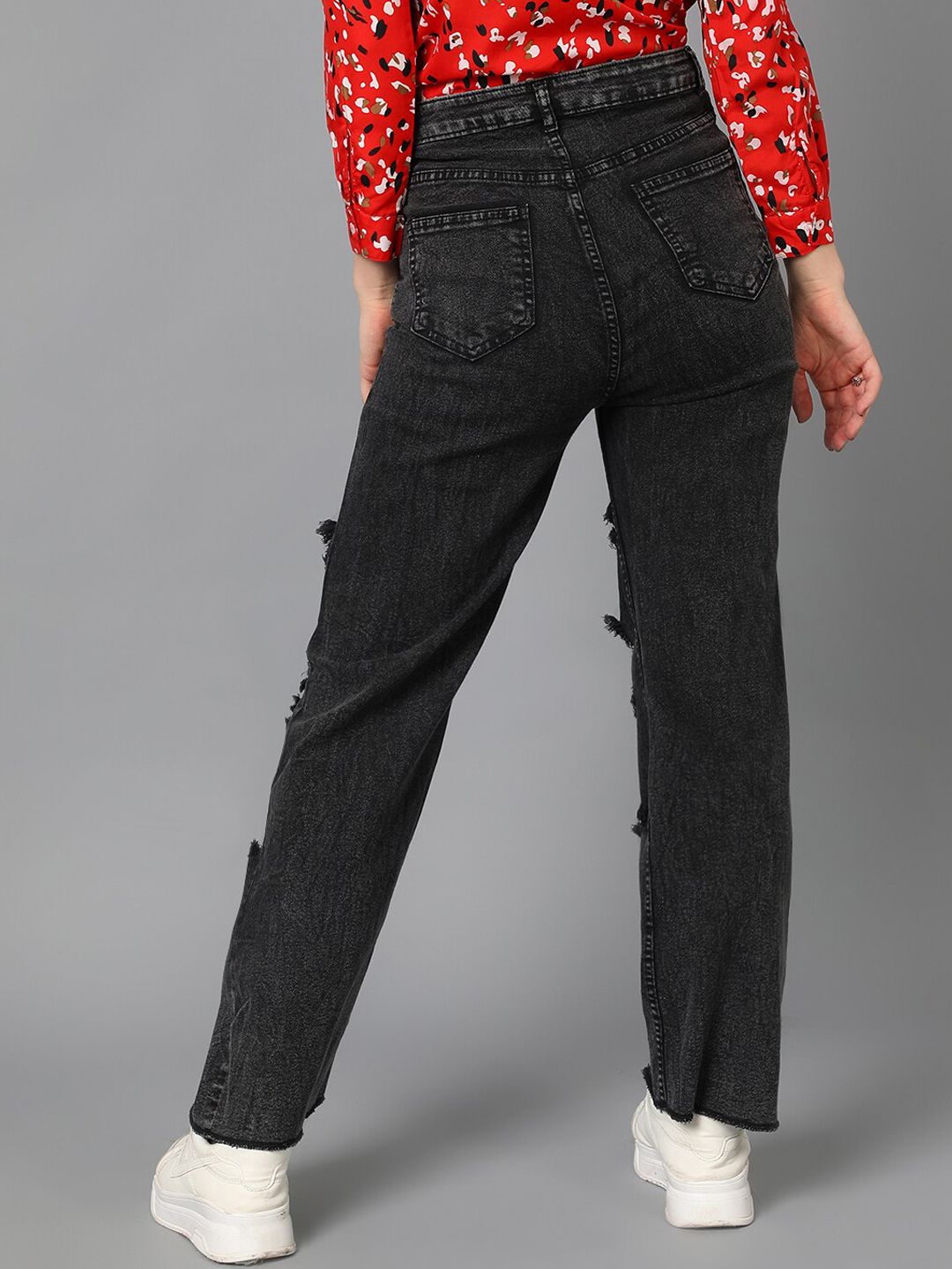 Kotty Women Black Jean Straight Fit High-Rise Highly Distressed Stretchable Jeans