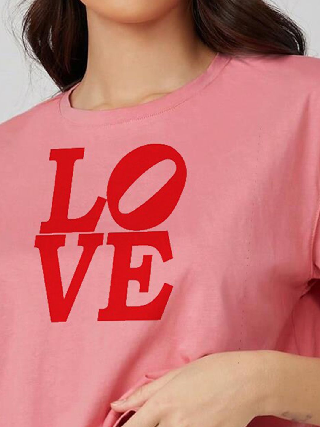 Kotty Pink Printed Round Neck Drop-Shoulder Sleeves Crop Oversized T-shirt