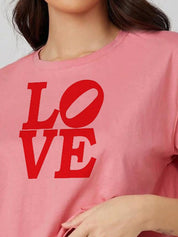 Kotty Pink Printed Round Neck Drop-Shoulder Sleeves Crop Oversized T-shirt