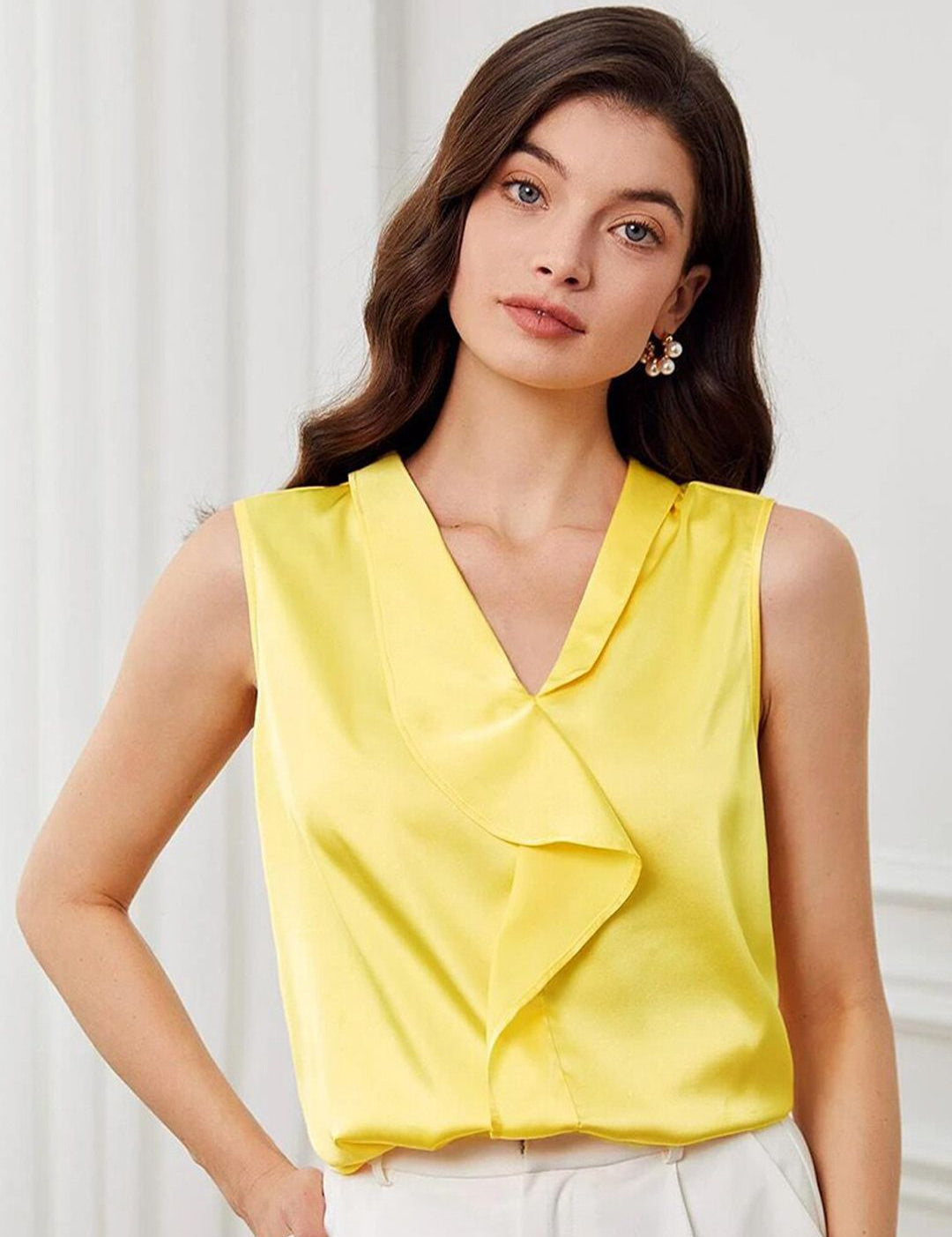 KOTTY BIZwear Yellow V-Neck Sleeveless Satin Top