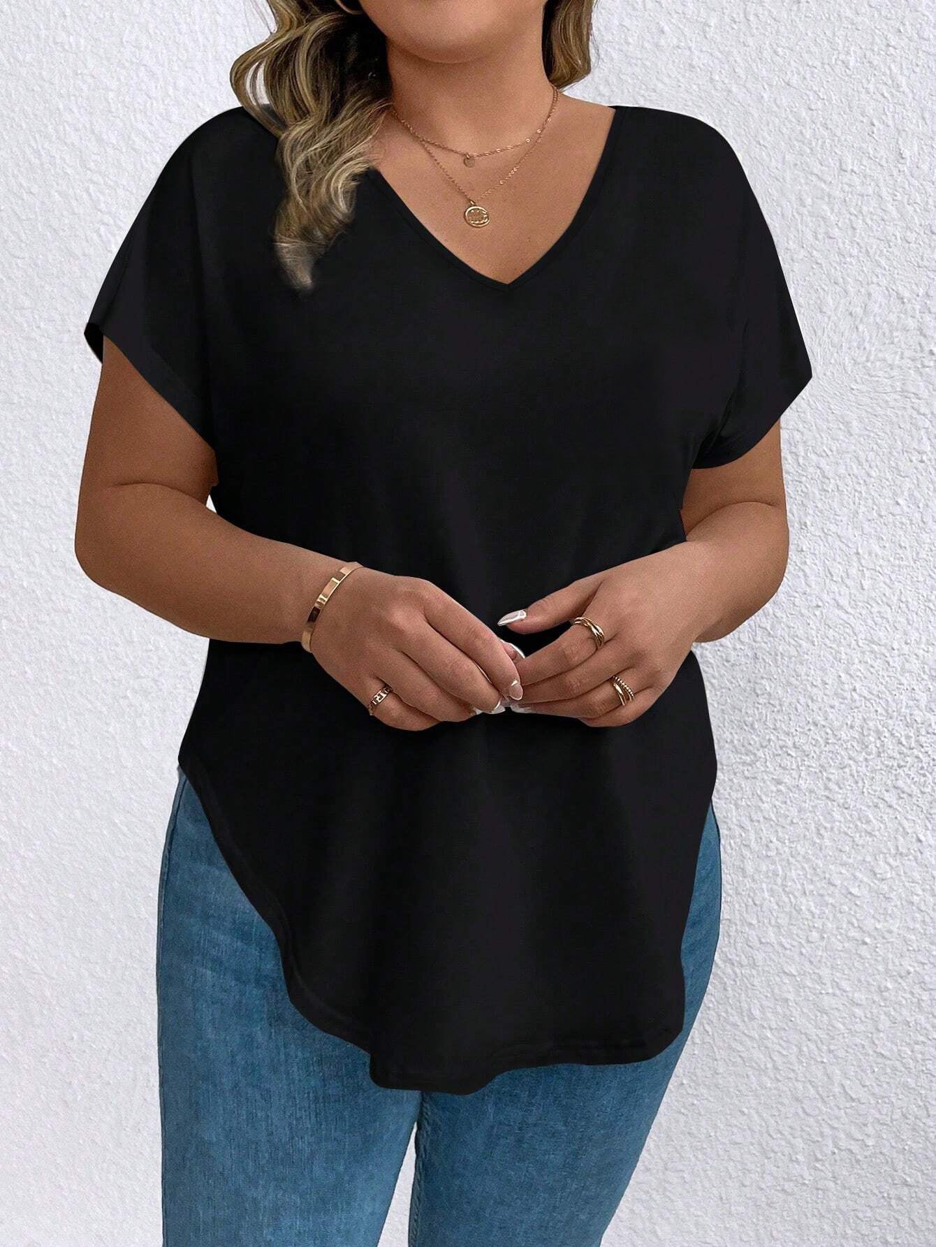 Plus Size Stylish V Neck Balck Women’s Tops