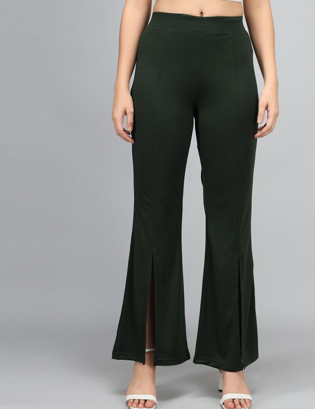 Kotty Women Green Flared High-Rise Bootcut Trousers