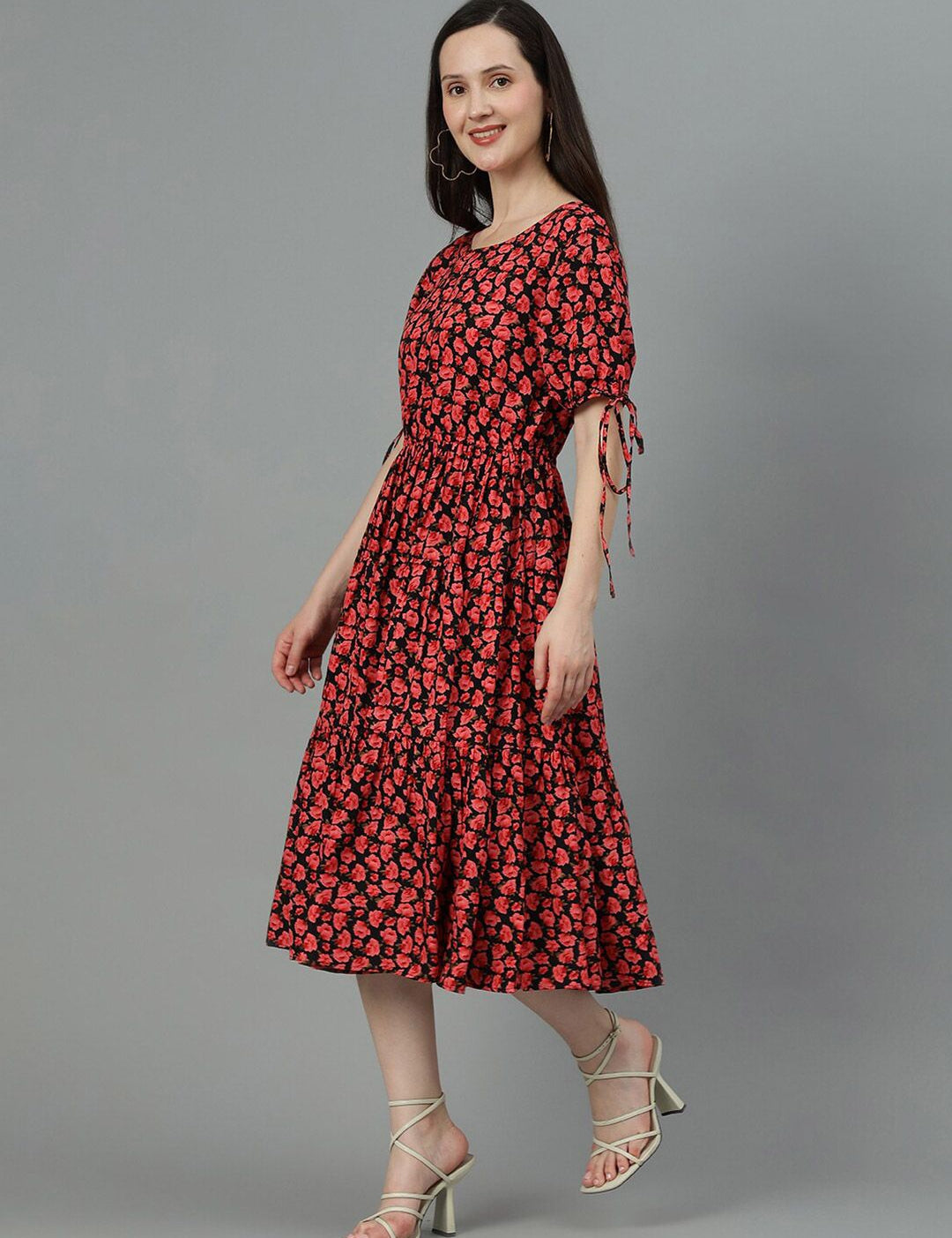 Kotty Black & Red Floral Printed Crepe Tiered Fit & Flare Midi Dress