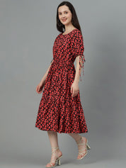 Kotty Black & Red Floral Printed Crepe Tiered Fit & Flare Midi Dress