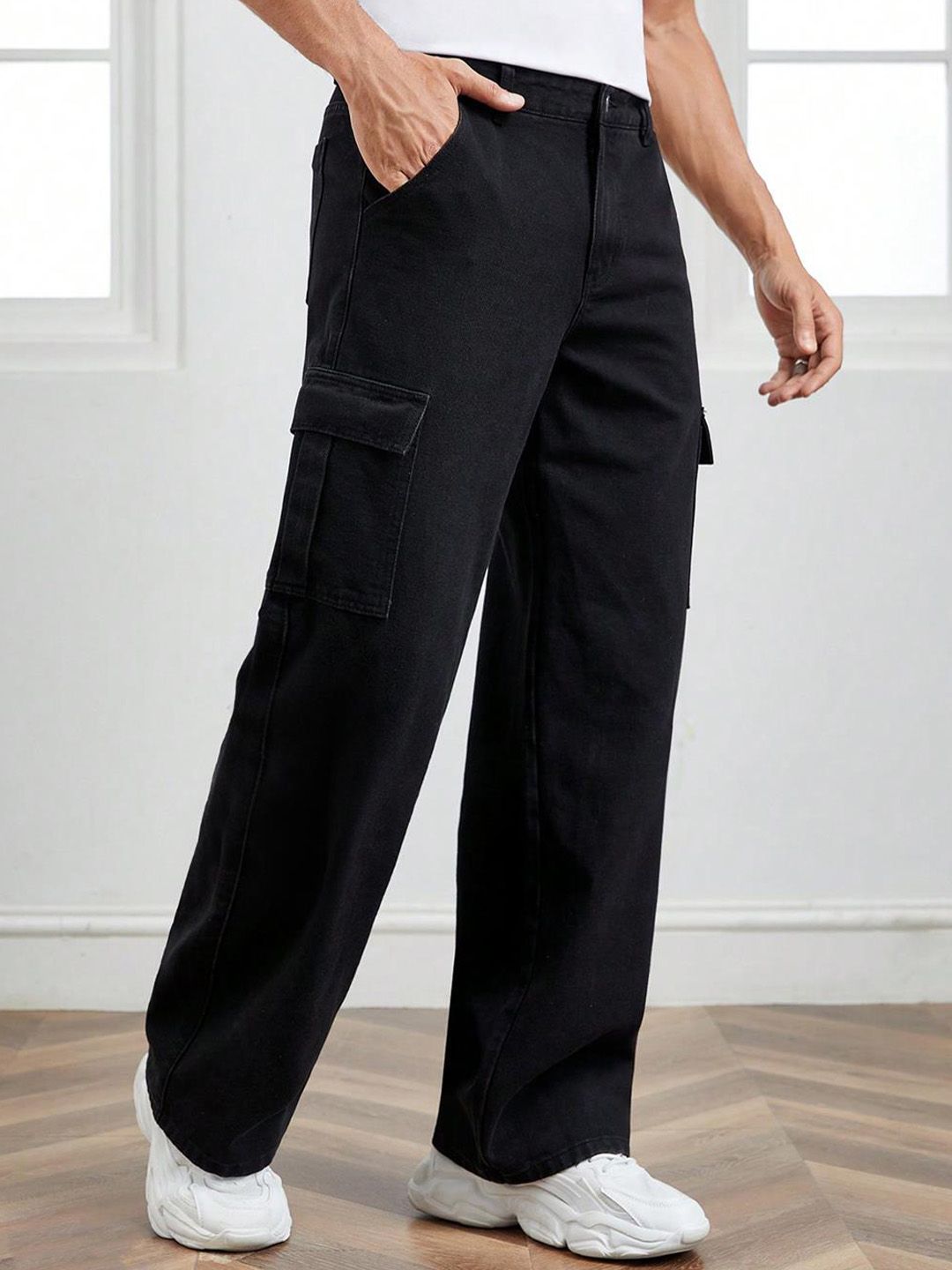 Kotty Men Jean Straight Fit Low-Rise Clean Look Stretchable Cargo Jeans