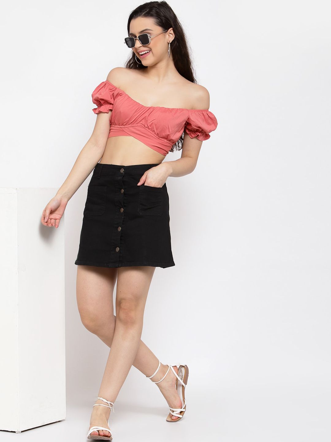 Kotty Women Black Solid A-Line Mini Skirt
