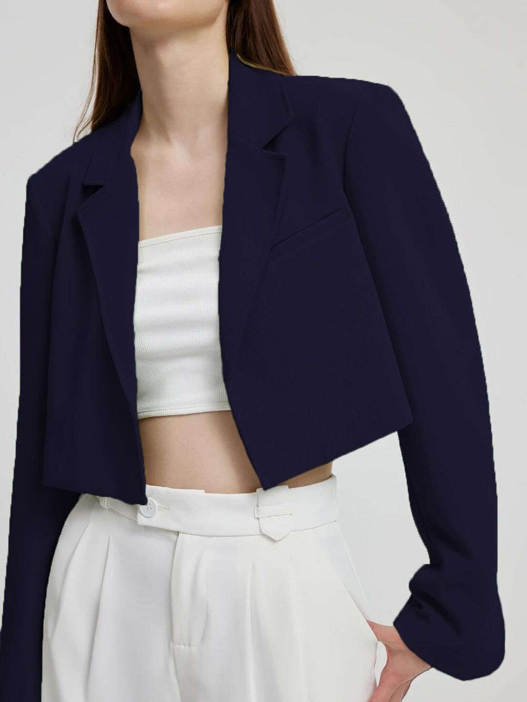 Kotty Navy Blue Crop Notched Lapel Collar Regular Fit Blazer