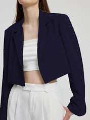 Kotty Navy Blue Crop Notched Lapel Collar Regular Fit Blazer
