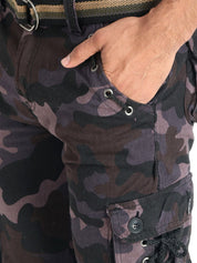 Kotty Men Black & Olive Green Regular Fit Camouflage Printed Cargos