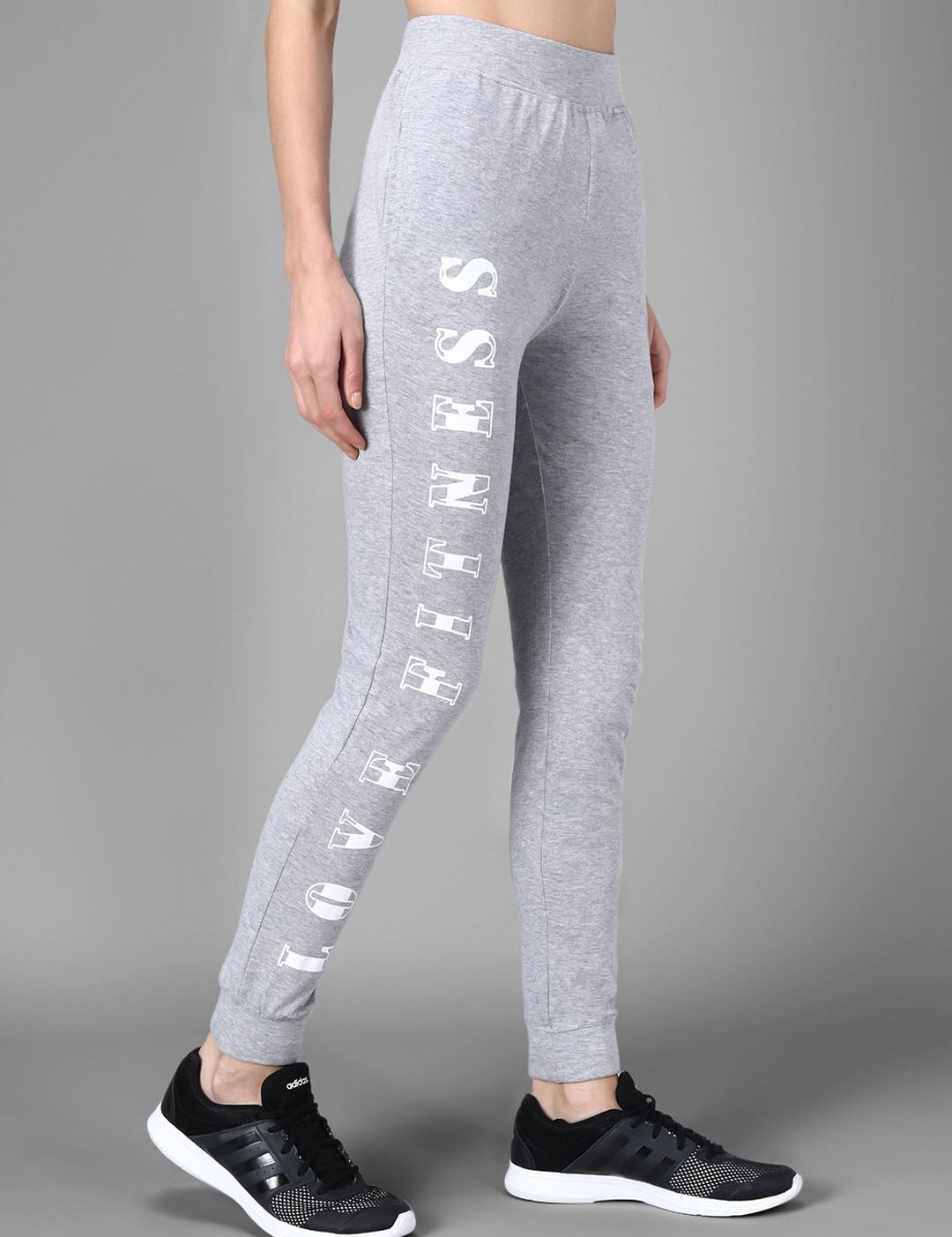 Kotty Women Grey Melange & White Printed Joggers