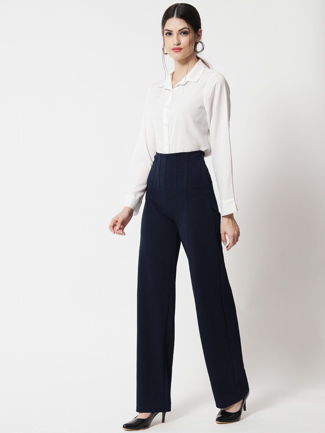 Kotty Women Navy Blue Relaxed Straight Fit High-Rise Easy Wash Trousers