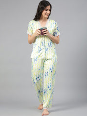 Kotty Blue & White Abstract Printed Satin Night Suit