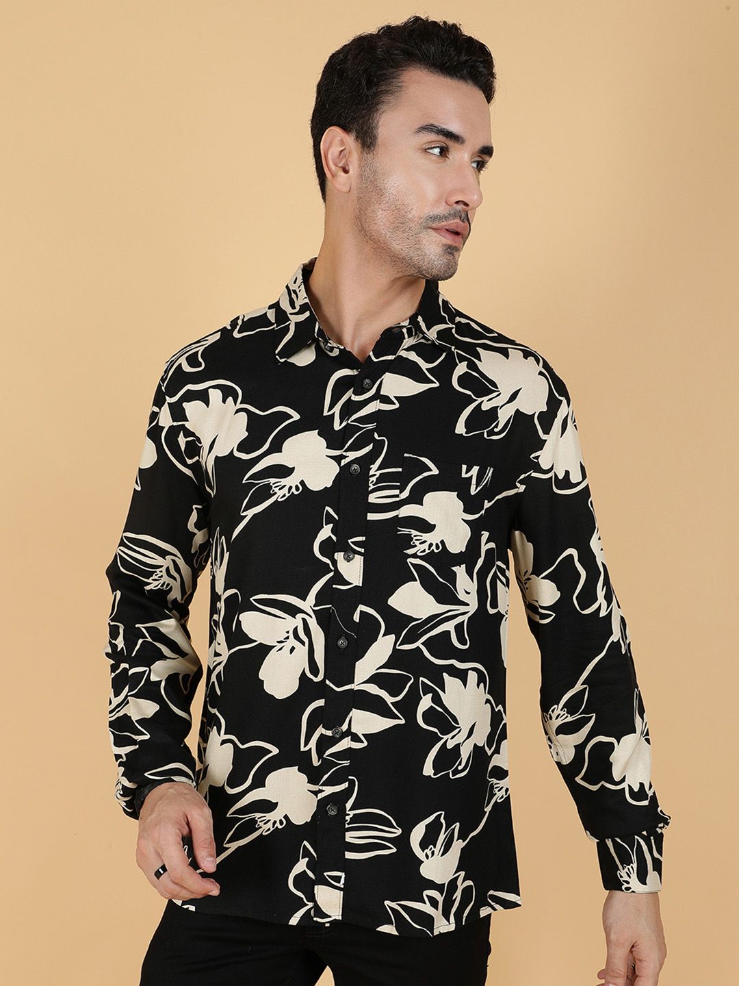 Kotty Men Relaxed Spread Collar Graphic Printed Cotton Casual Shirt