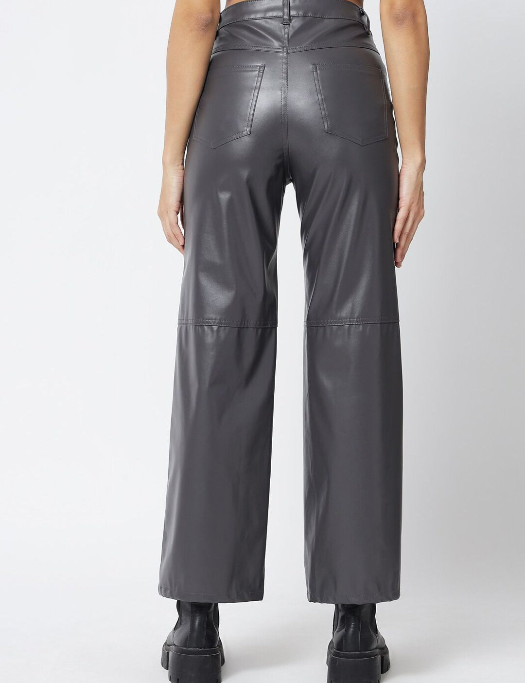 Kotty Women Grey Faux Leather Relaxed Straight Fit Trousers