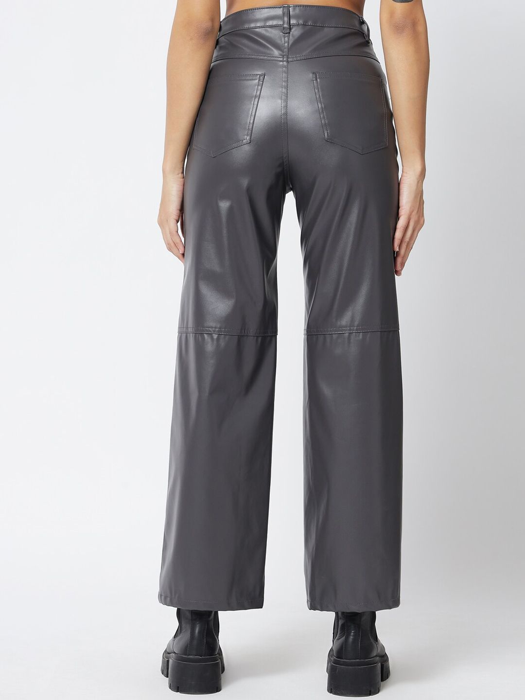 Kotty Women Grey Faux Leather Relaxed Straight Fit Trousers