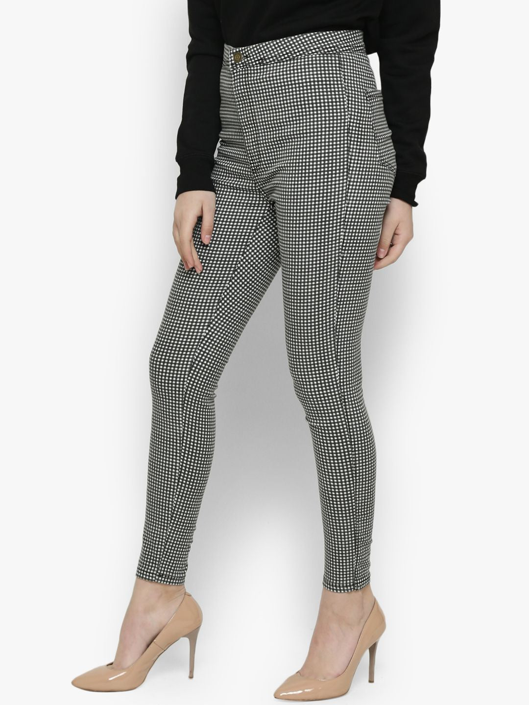 Kotty Women Grey & White Skinny Fit High-Rise Clean Look Checked Jeans