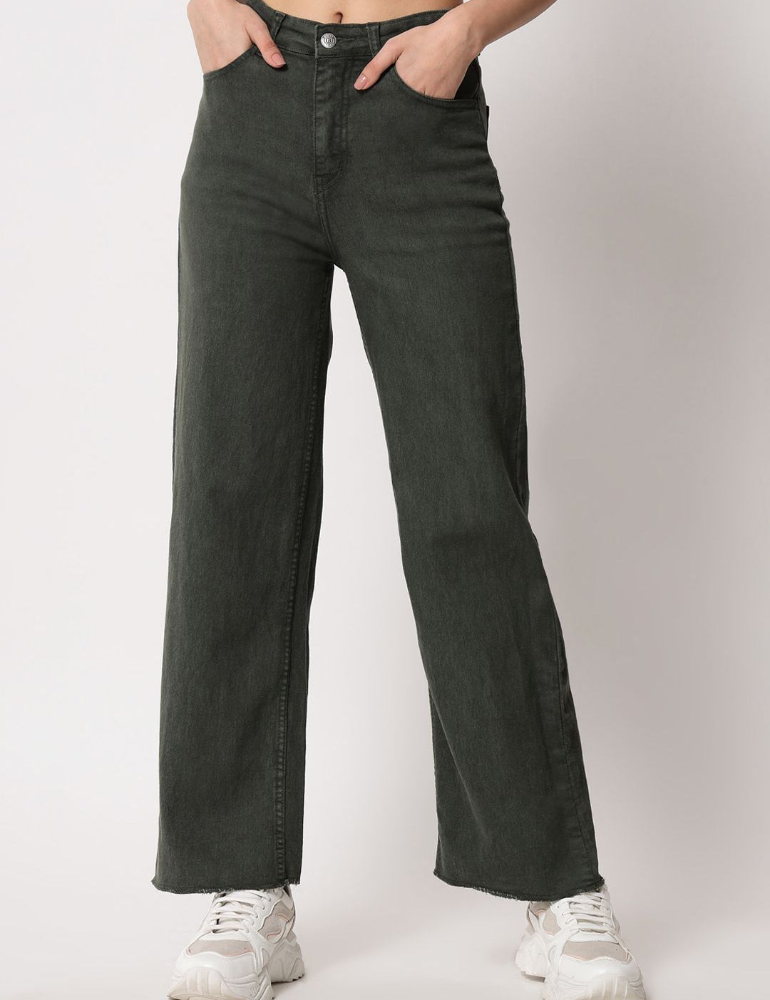 Kotty Women Olive Green Cotton Wide Leg Jeans