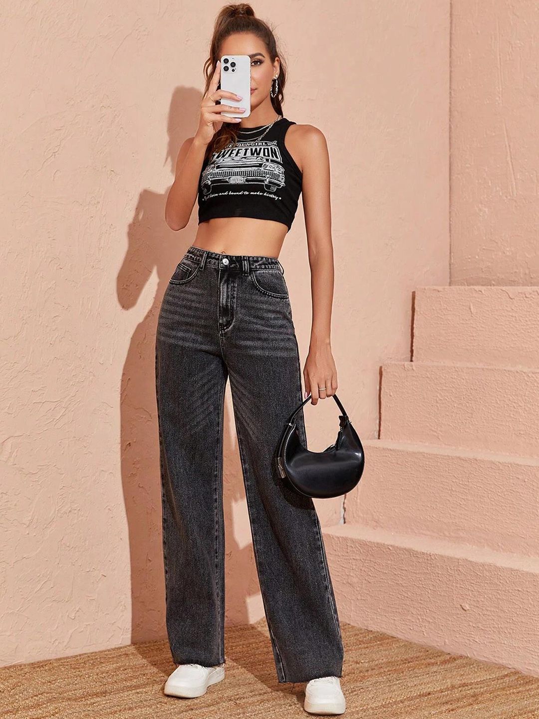 Kotty Women Black Jean Straight Fit High-Rise Heavy Fade Stretchable Jeans