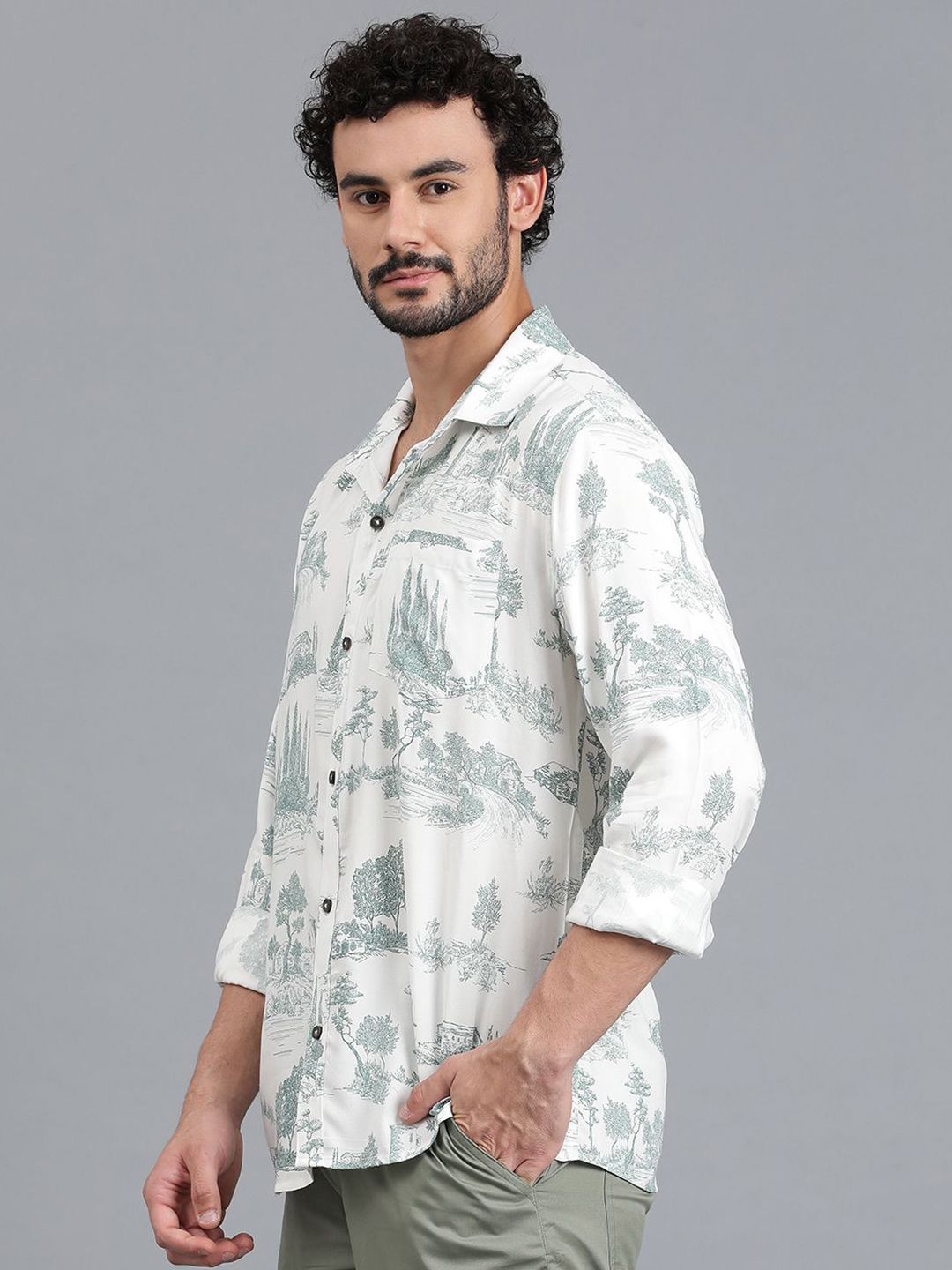 Kotty Men Cuban Collar Graphic Printed Cotton Casual Shirt