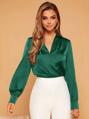 KOTTY BIZwear Green V-Neck Cuffed Sleeves Satin Top