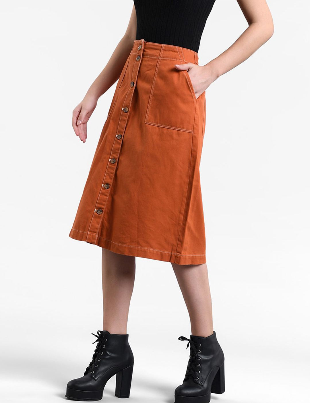 Kotty Women Orange Solid Denim A-Line Skirt