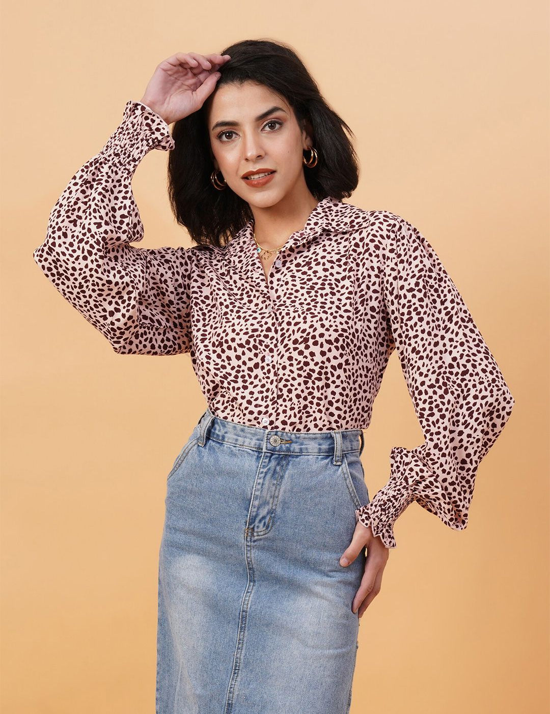 Kotty Pink & Brown Animal Printed Spread Collar Puff Sleeves Crepe Casual Shirt