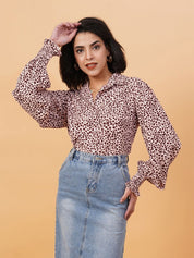 Kotty Pink & Brown Animal Printed Spread Collar Puff Sleeves Crepe Casual Shirt