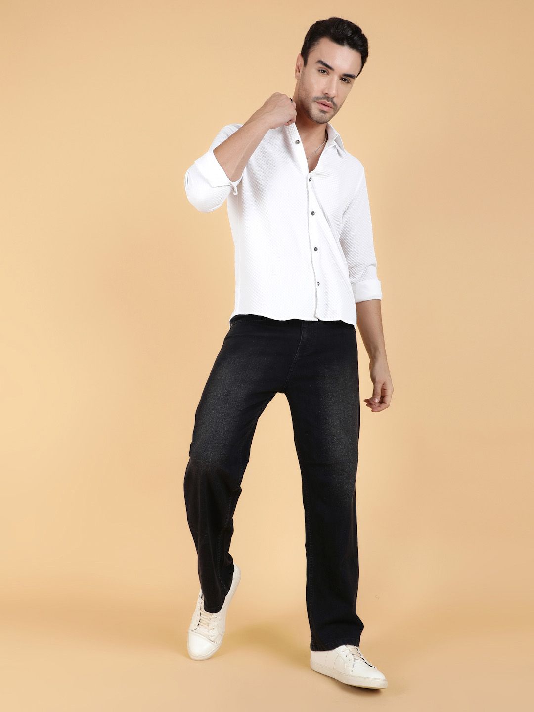 Kotty Men Relaxed Spread Collar Textured Cotton Casual Shirt