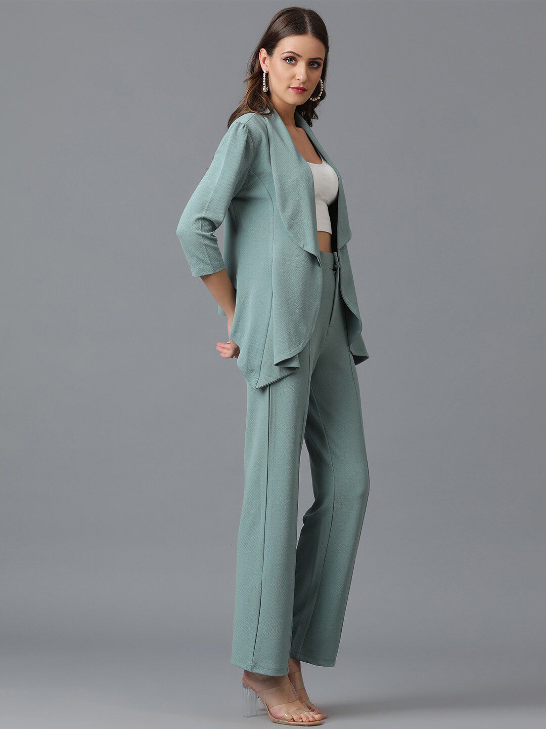 KOTTY BIZwear Sea Green Shawl Neck Coat With Trousers