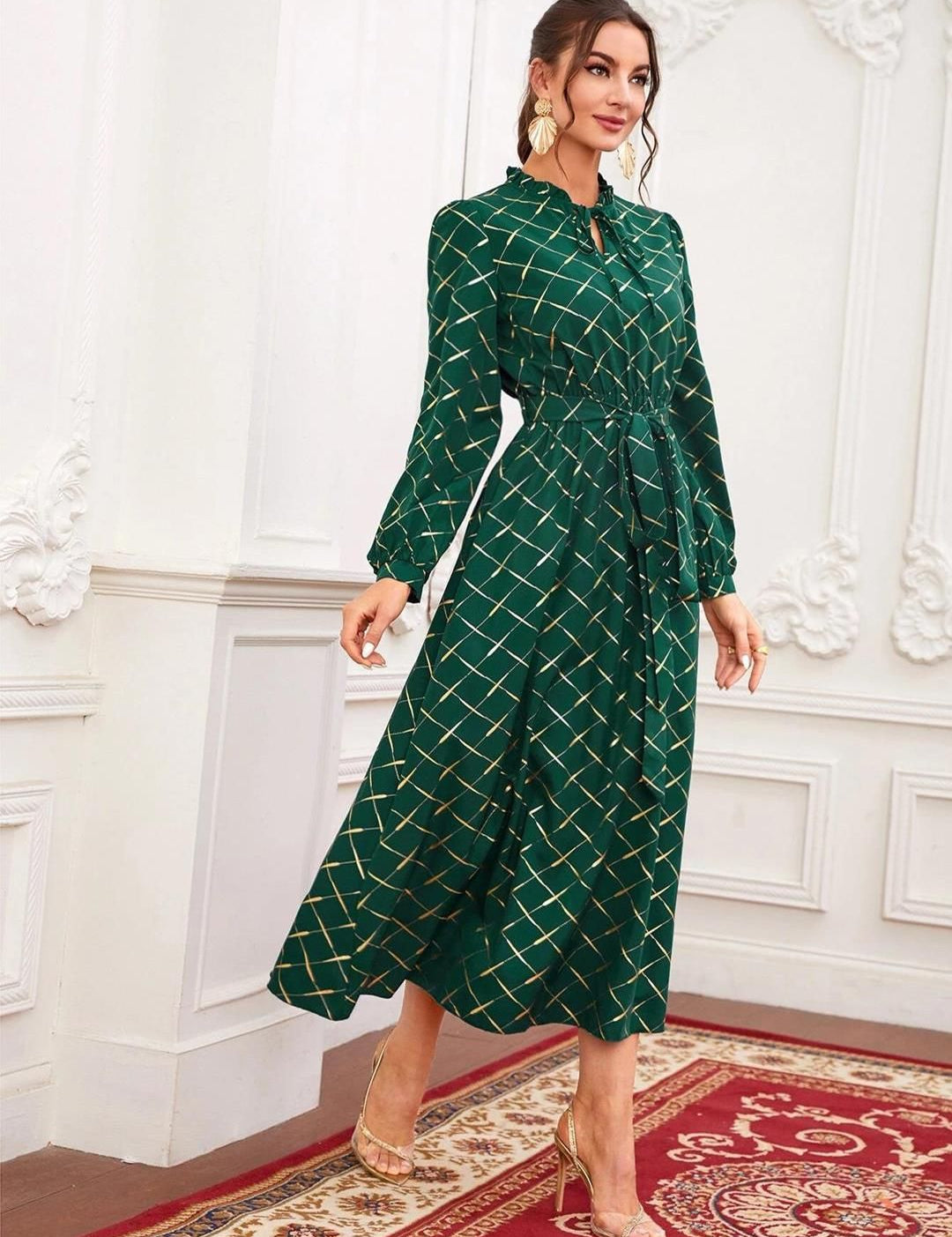 Kotty Geometric Printed Tie-Up Neck Puff Sleeve Crepe Fit & Flare Midi Dress