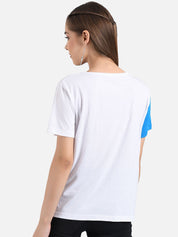 Kotty Women White & Blue Colourblocked T-shirt