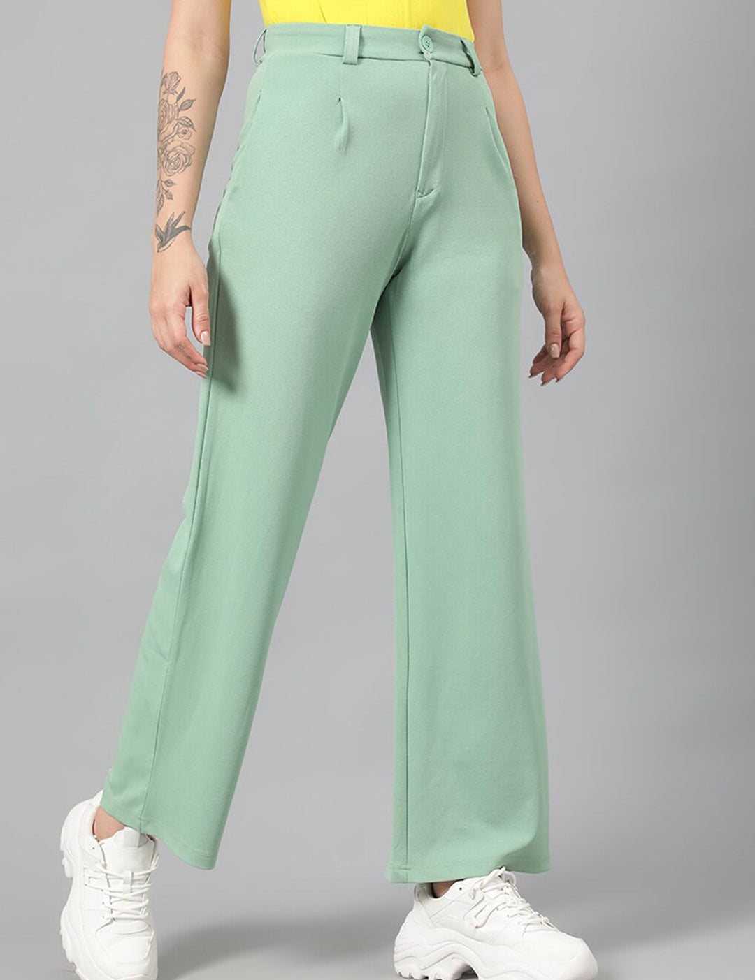 Kotty Women Green Relaxed Straight Leg Fit High-Rise Easy Wash Parallel Trousers