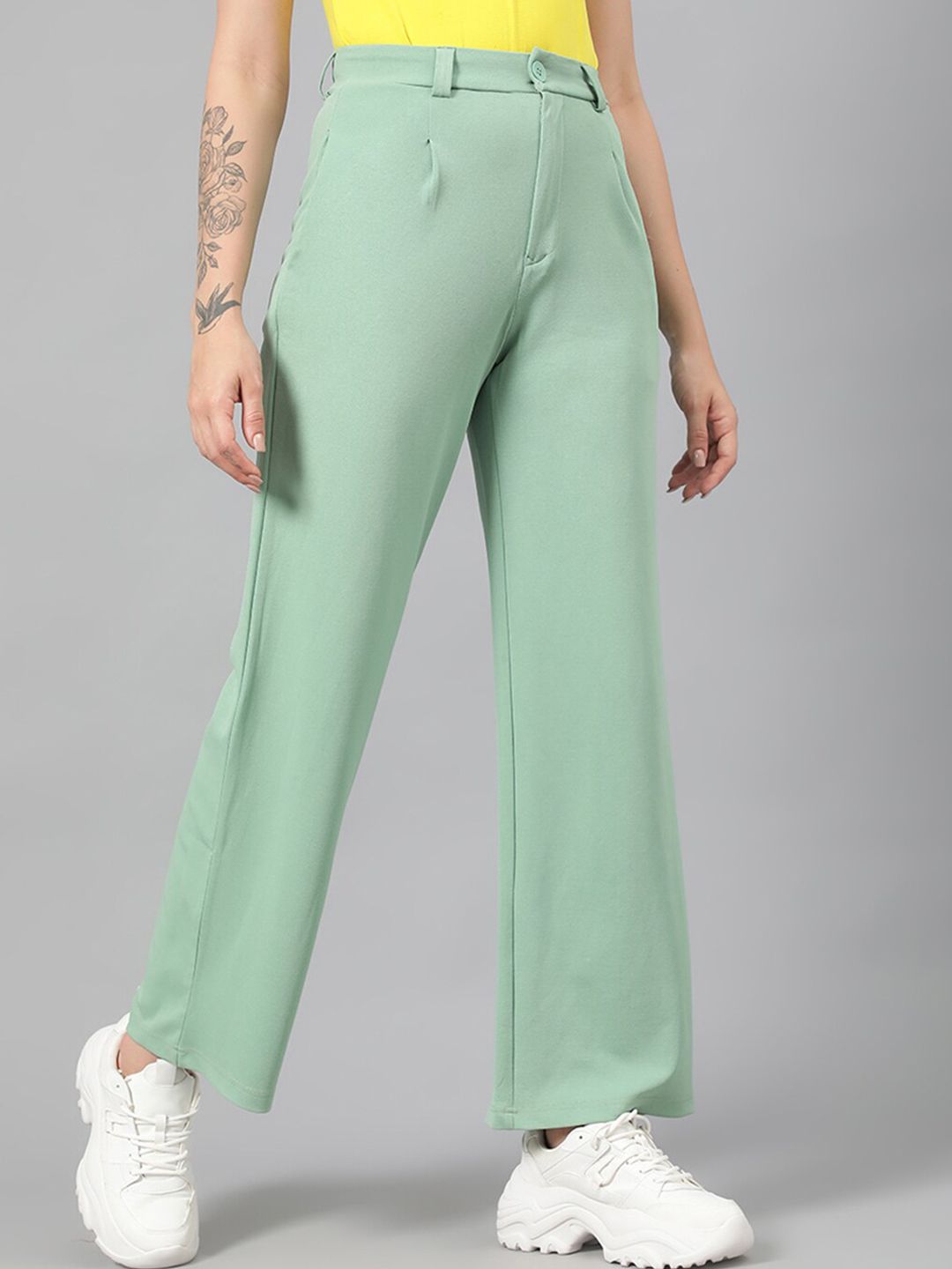 Kotty Women Green Relaxed Straight Leg Fit High-Rise Easy Wash Parallel Trousers