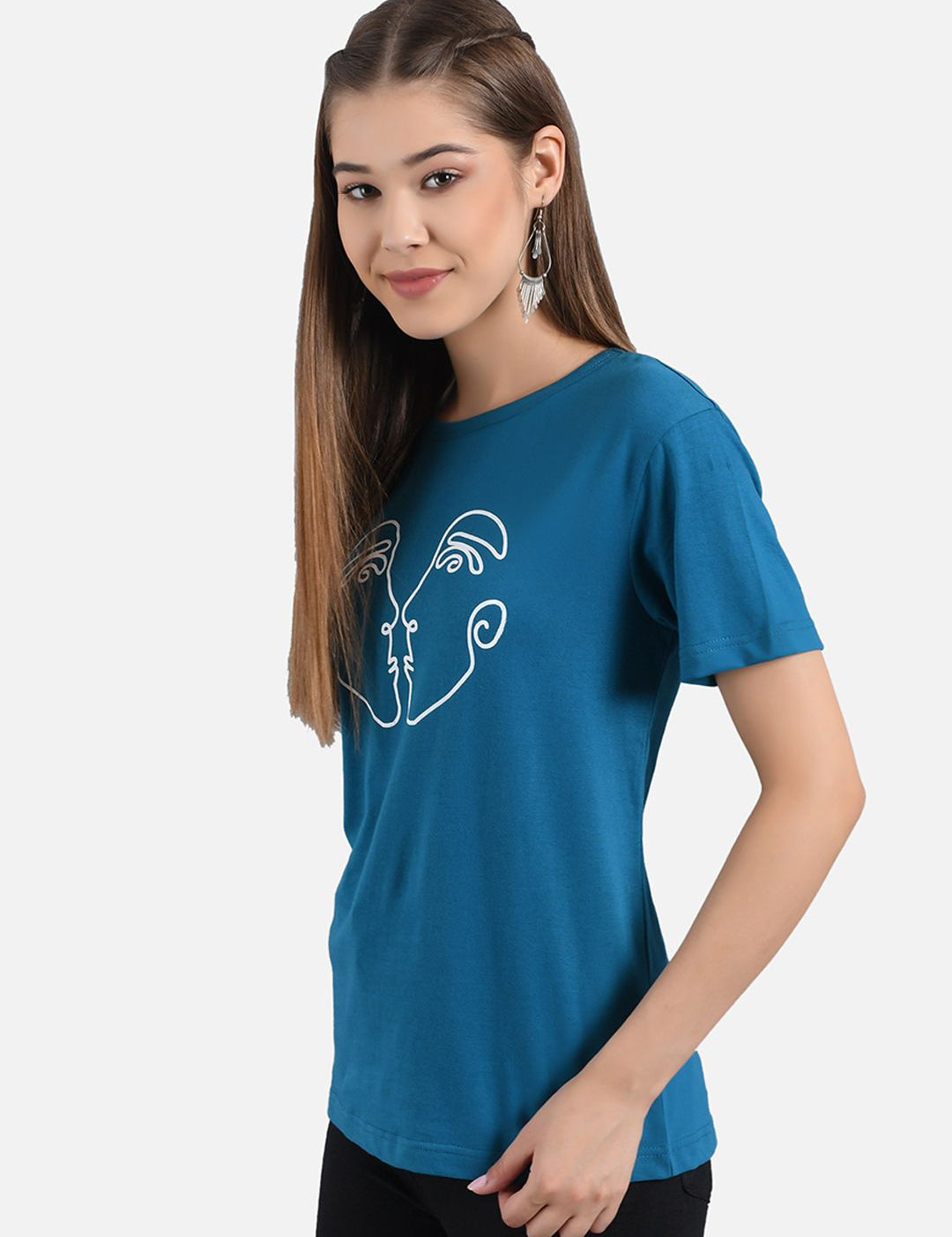 Kotty Women Blue Printed Round Neck T-shirt