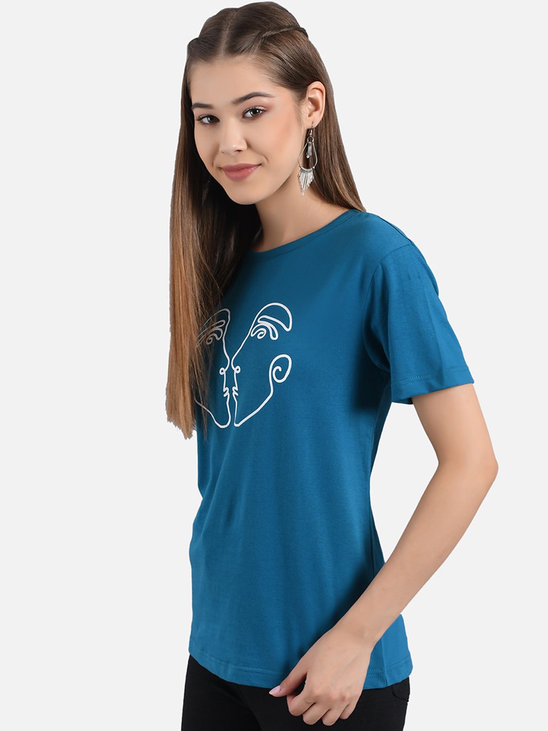 Kotty Women Blue Printed Round Neck T-shirt