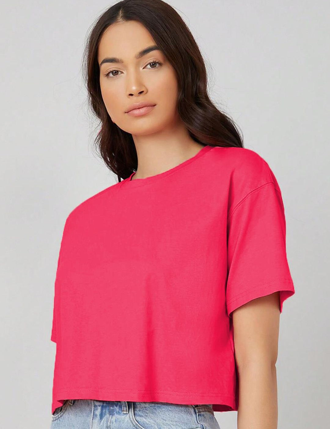 Kotty Round Neck Drop-Shoulder Sleeves Oversized Crop T-shirt
