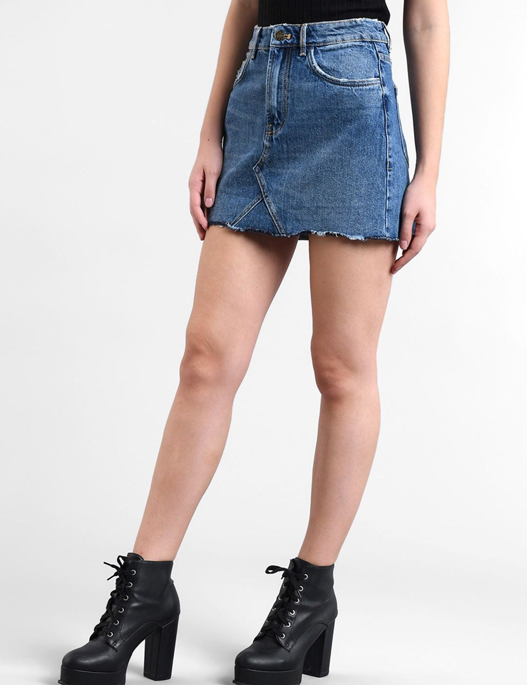 Kotty Women Blue Solid Denim Mini Straight Skirt