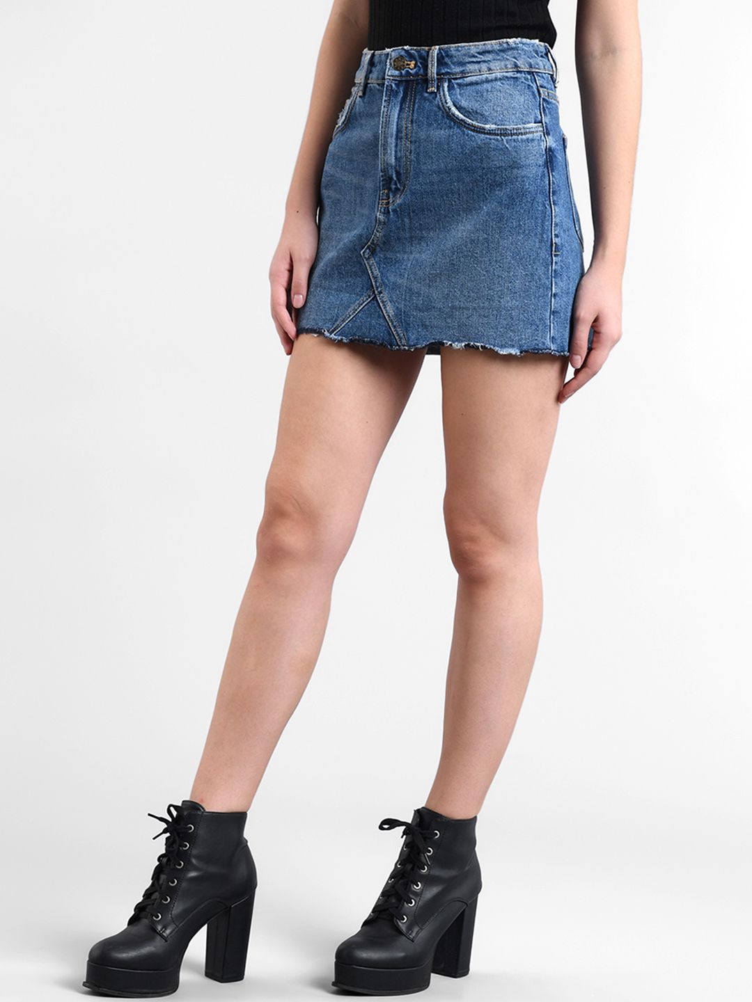 Kotty Women Blue Solid Denim Mini Straight Skirt