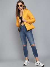 Kotty Women Yellow Striped Hooded Puffer Jacket