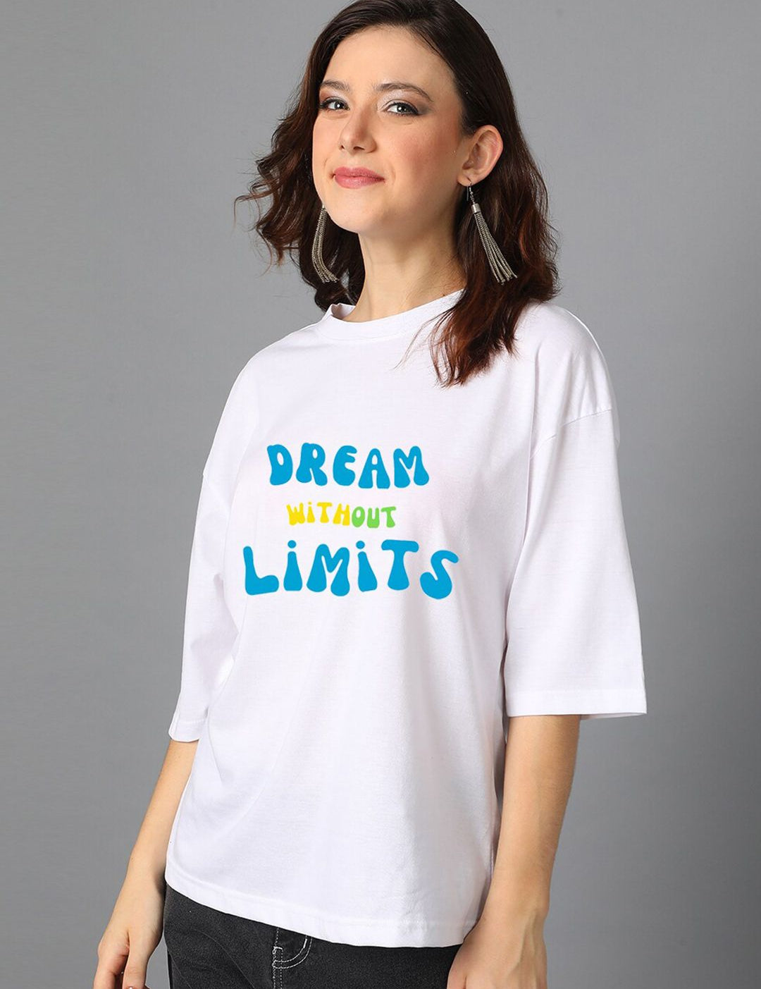 Kotty White Typography Printed Drop-Shoulder Sleeves Oversized T-shirt