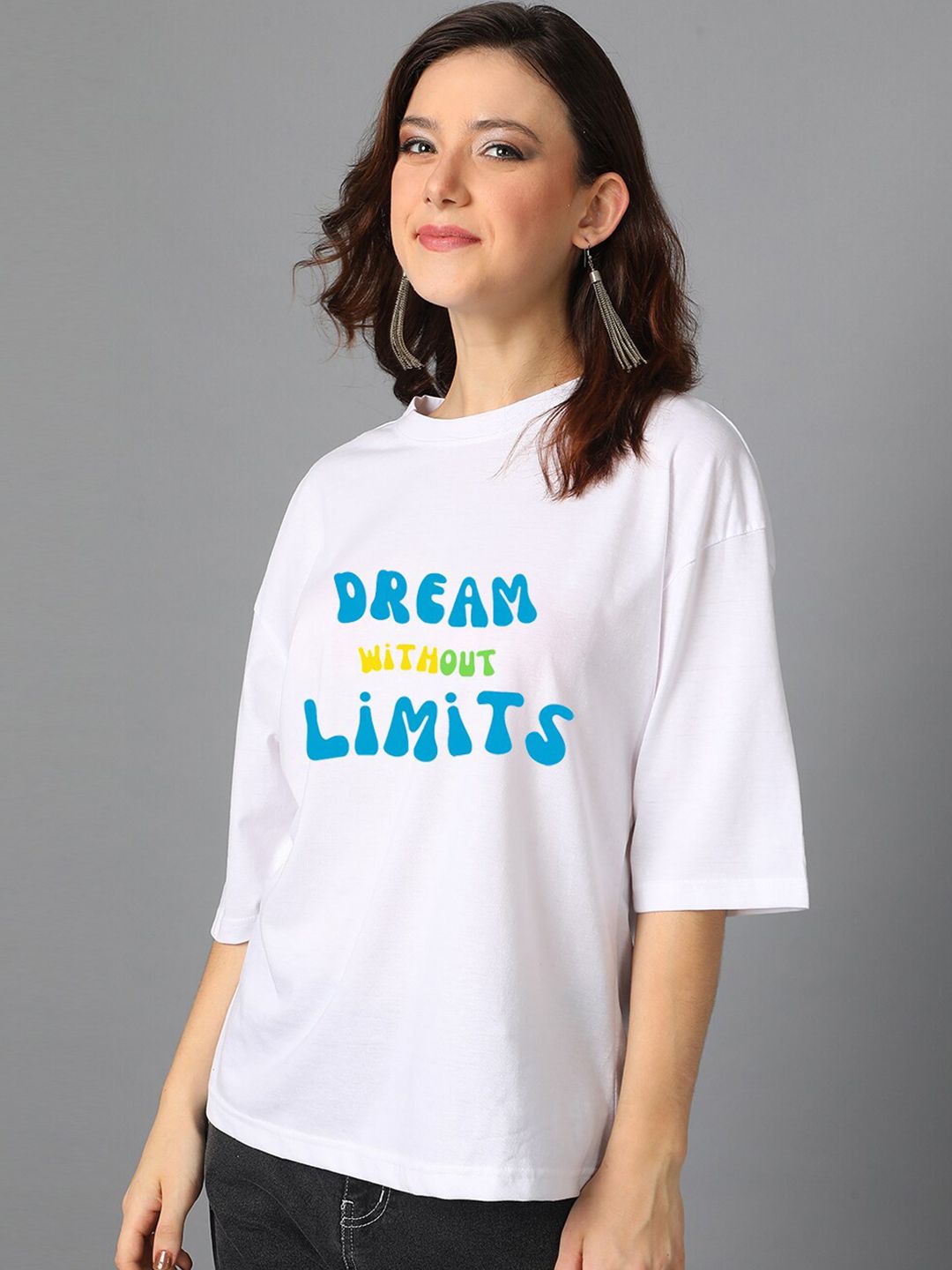 Kotty White Typography Printed Drop-Shoulder Sleeves Oversized T-shirt