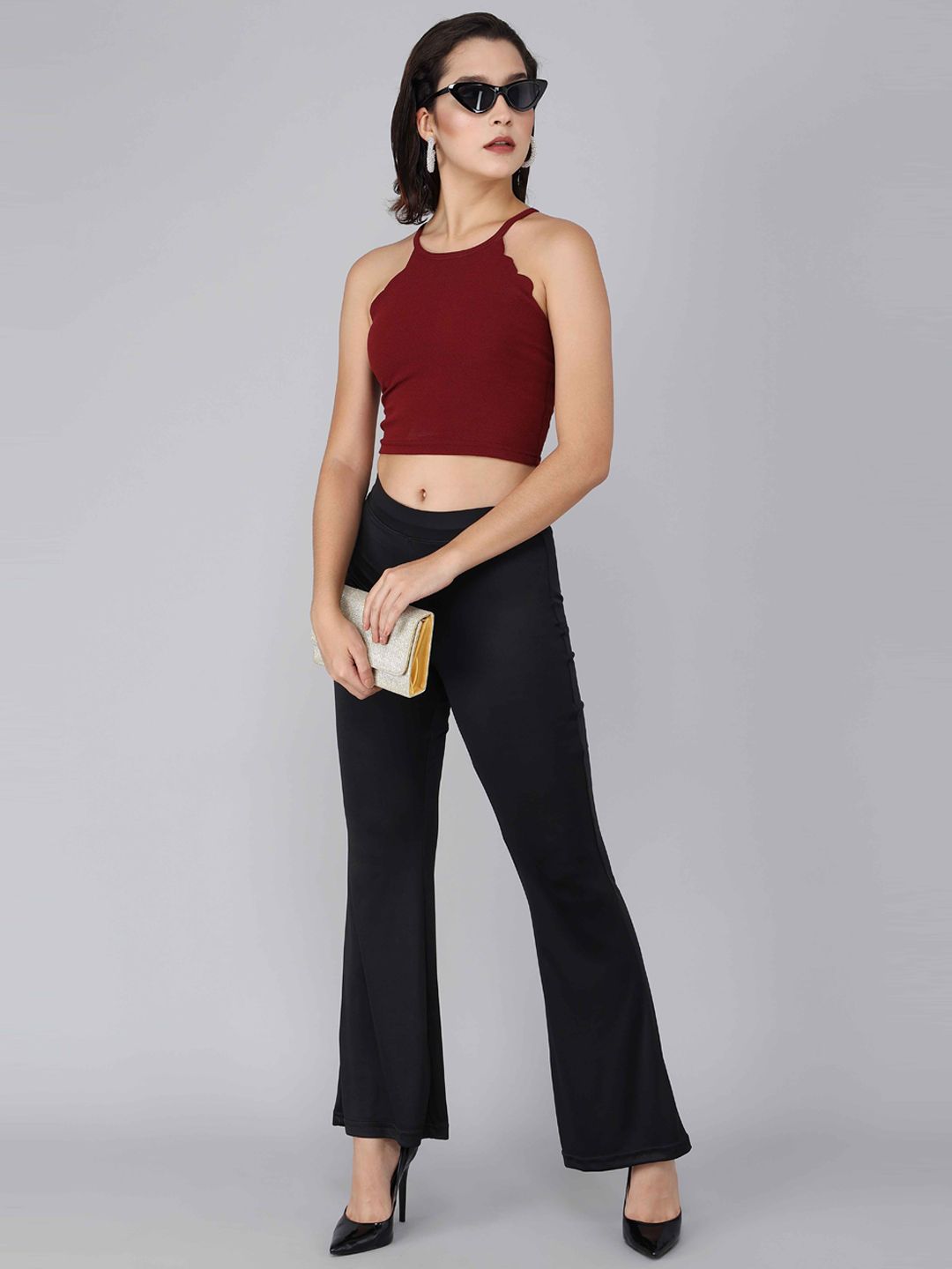 Kotty Women Black Flared High-Rise Bootcut Trousers