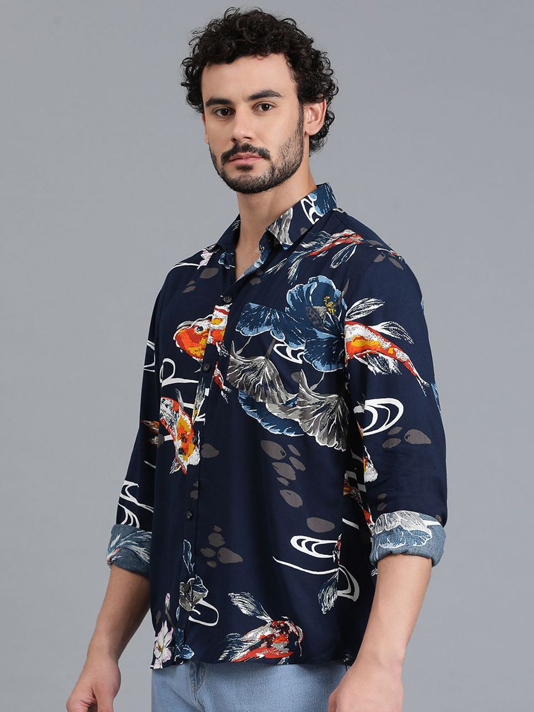 Kotty New Navy Blue Floral Printed Spread Collar Casual Shirt
