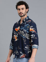 Kotty New Navy Blue Floral Printed Spread Collar Casual Shirt