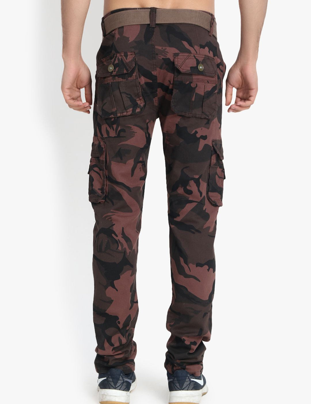 Kotty Men Olive Green & Brown Regular Fit Printed Cargos