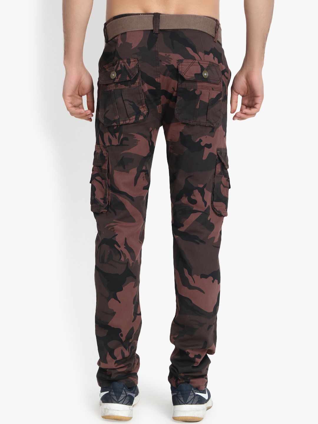 Kotty Men Olive Green & Brown Regular Fit Printed Cargos