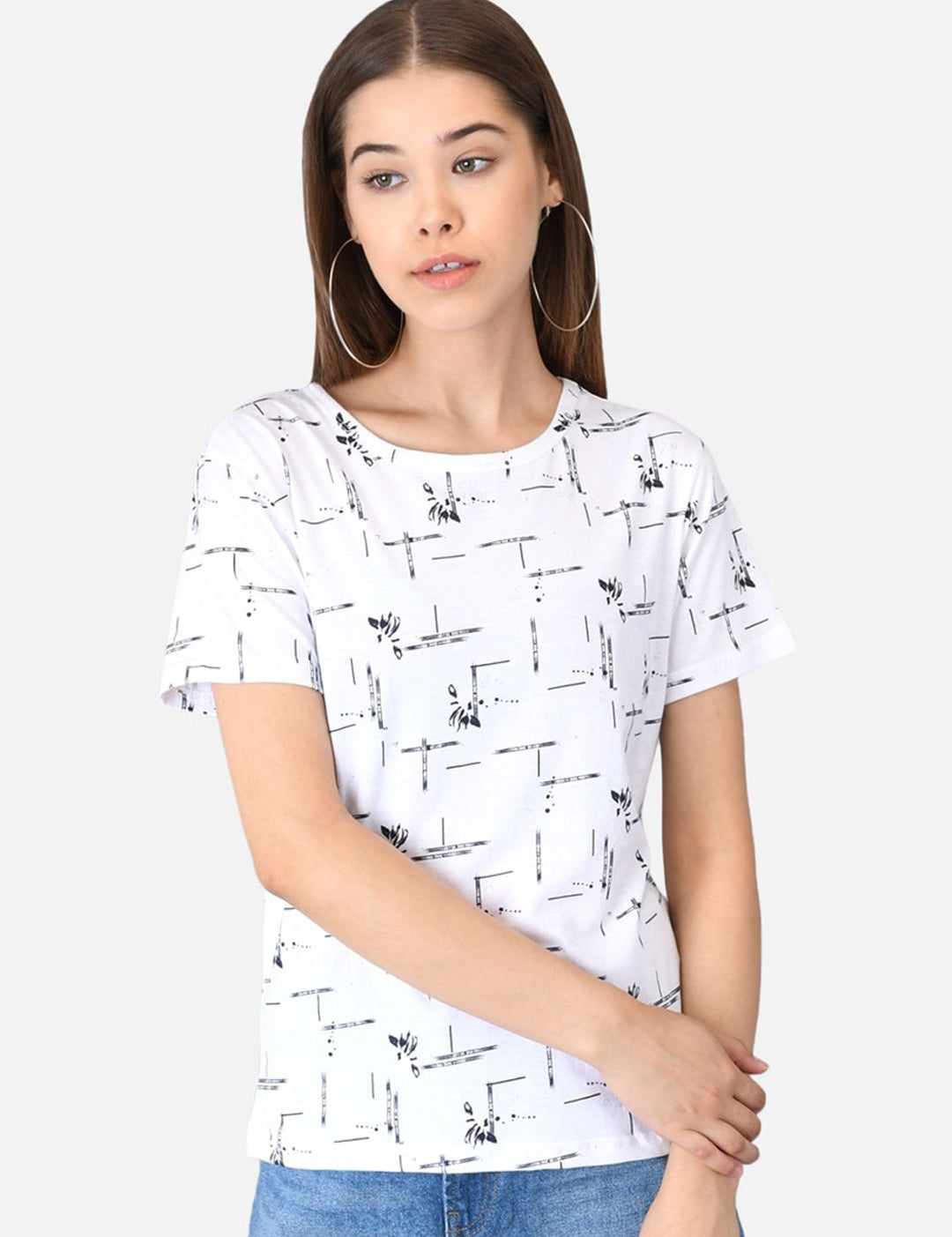 Kotty Women White Printed Round Neck T-shirt