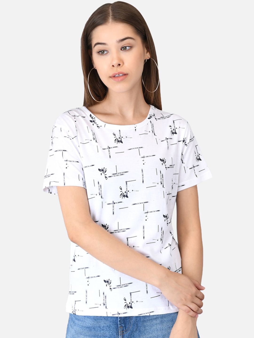 Kotty Women White Printed Round Neck T-shirt
