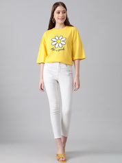 Kotty Floral Printed Drop-Shoulder Sleeves Cotton Oversized T-shirt