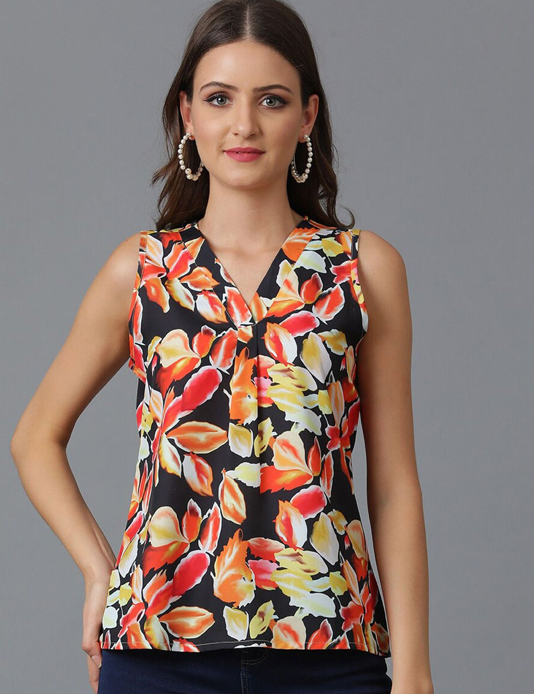 Kotty Black Floral Printed Crepe Top